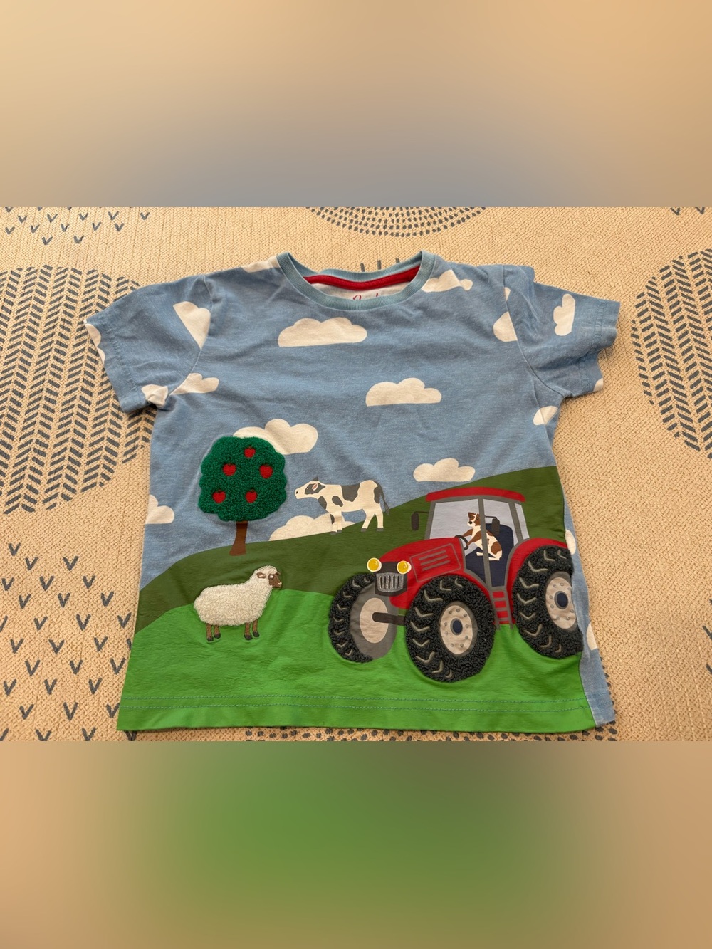 Mini Boden Blue Farm Scene Tractor Tee with Appliqué size 3-4